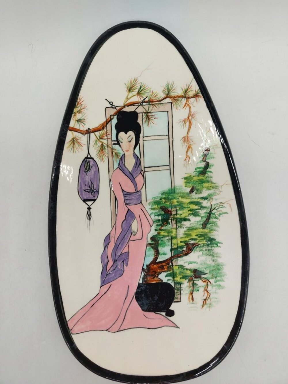 Chinese Geisha Girl Oblong Porcelain Plate Trinket Dish 13x8 - Picture 3 of 6